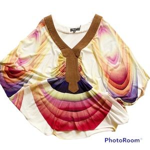Sky top women’s watercolor graphic print batwing cocoon v-neck lightweight suede